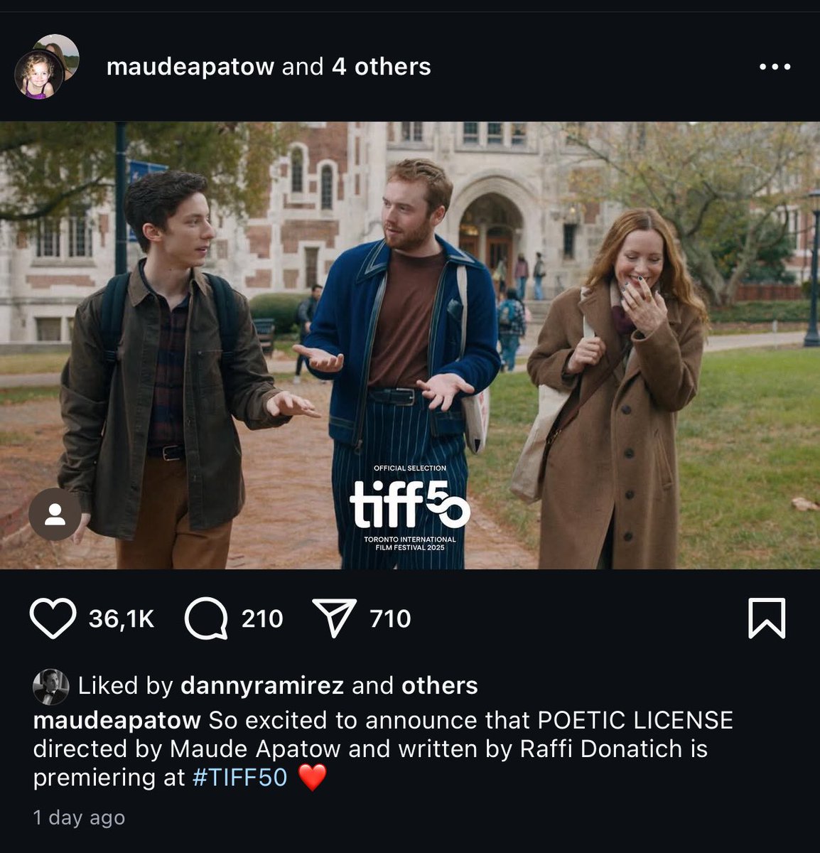 maudescat's tweet image. maude apatow and danny ramirez both going to tiff, this september is going to be amazing