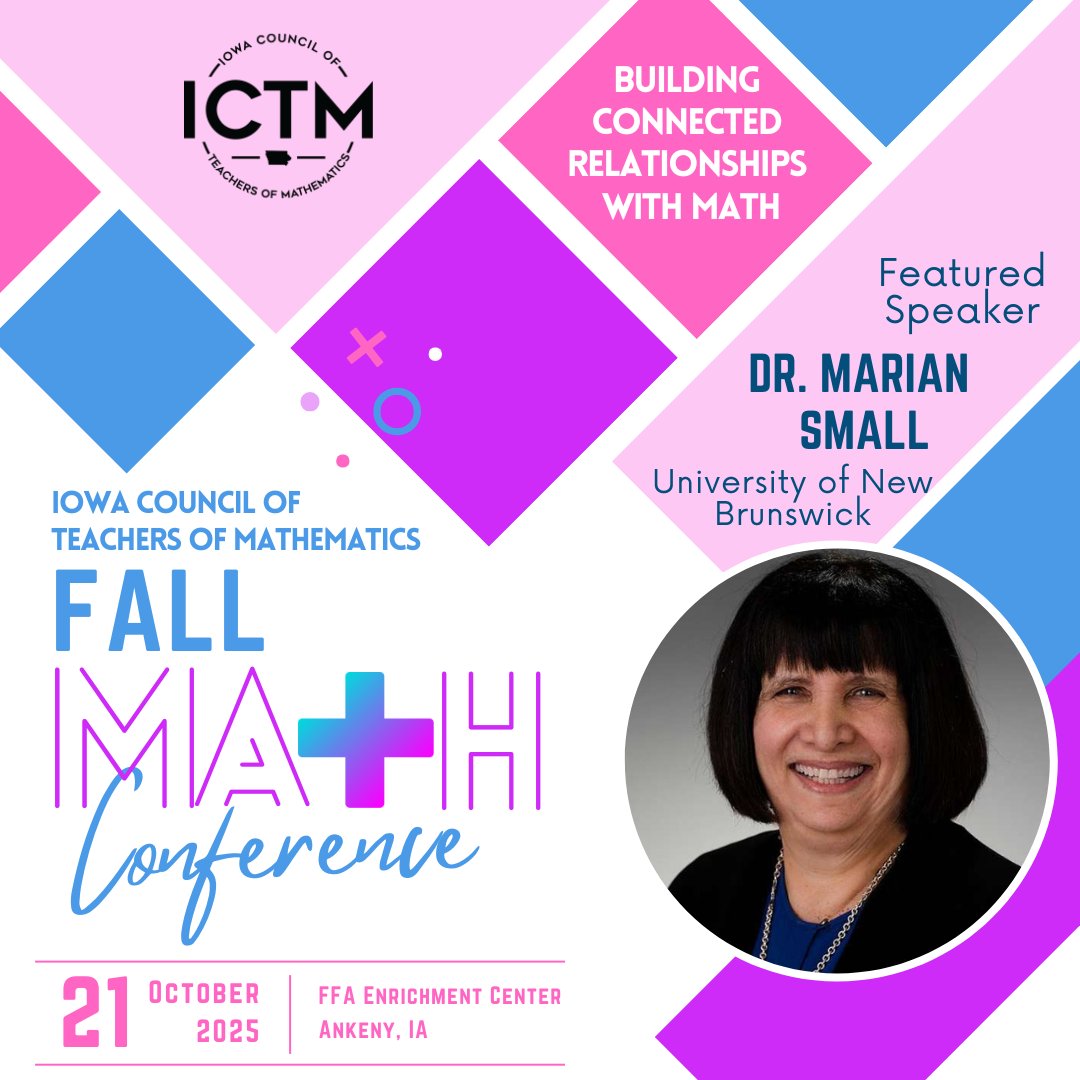 📣 Big news! Dr. Marian Small is joining the 2025 ICTM Fall Math Conference in Ankeny! 🎉
Bring your principal and colleagues to explore Building Connected Relationships with Math.
📅 Oct. 21, 2025
🔗 iowamath.org
#iowamathteach #iowamath #iowamathstandards #MTBoS