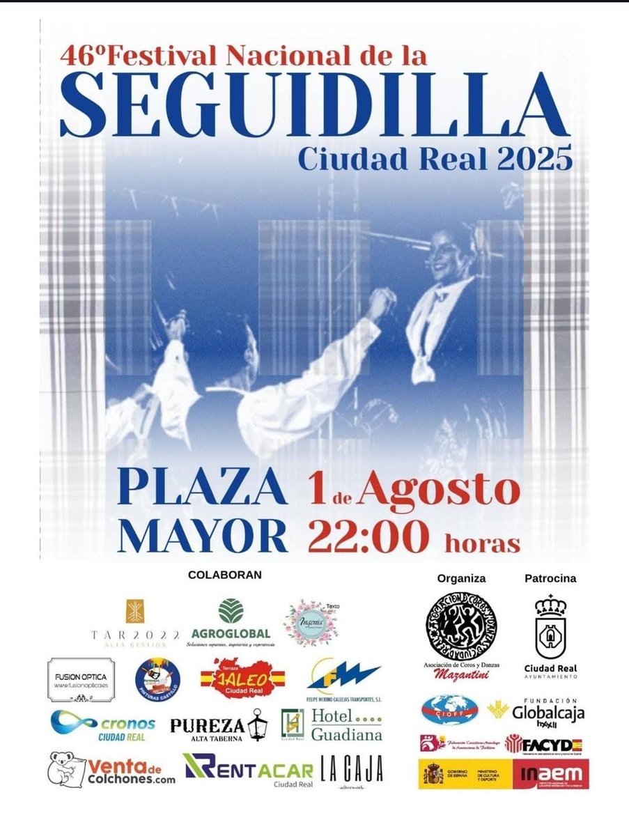 ¡Vuelve el Festival Nacional de la Seguidilla!❤️
Ciudad Real se llena de tradición, música y raíces con la 46ª edición del Festival Nacional de la Seguidilla.

📍 Plaza Mayor, Ciudad Real
📅 1 de agosto de 2025
🕙 22:00h