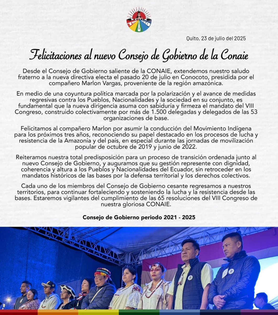LancerosDigital's tweet image. .@marlonvargas76 Presidente electo de la @CONAIE_Ecuador recibió las felicitaciones del presidente saliente de la organización nacional @LeonidasIzaEc
El 28 de Julio se prevé la transición entre los consejos entrante y saliente previo a la posesión prevista para el 9 de Agosto