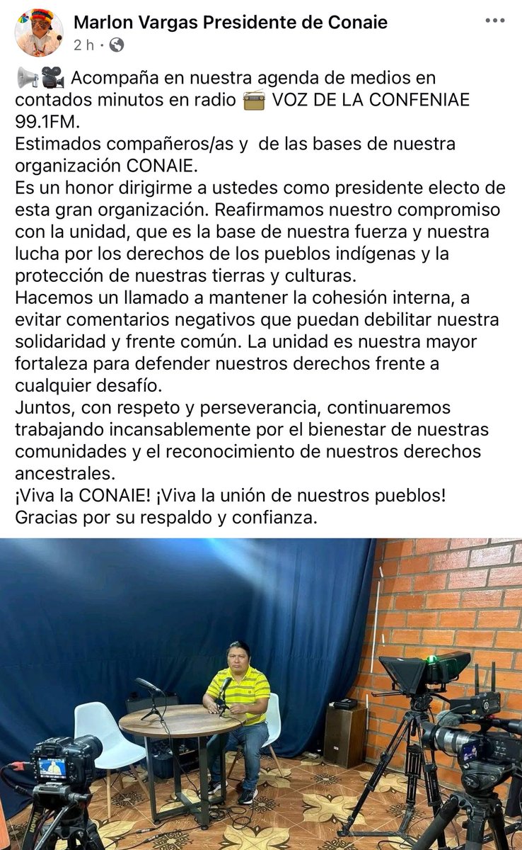 LancerosDigital's tweet image. .@marlonvargas76 Presidente electo de la @CONAIE_Ecuador recibió las felicitaciones del presidente saliente de la organización nacional @LeonidasIzaEc
El 28 de Julio se prevé la transición entre los consejos entrante y saliente previo a la posesión prevista para el 9 de Agosto