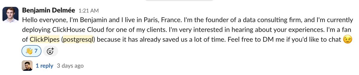 Sai Srirampur (@saisrirampur) on Twitter photo Very humbled to see such organic references to the product we've been working on, ClickPipes, the native ingestion service for ClickHouse Cloud. Thank you for the kind words, <a href="/BenjaminDelmee/">Benjamin Delmée</a>, really appreciate it! 🙏
It’s a testament to all the effort the team has been putting Very humbled to see such organic references to the product we've been working on, ClickPipes, the native ingestion service for ClickHouse Cloud. Thank you for the kind words, <a href="/BenjaminDelmee/">Benjamin Delmée</a>, really appreciate it! 🙏
It’s a testament to all the effort the team has been putting