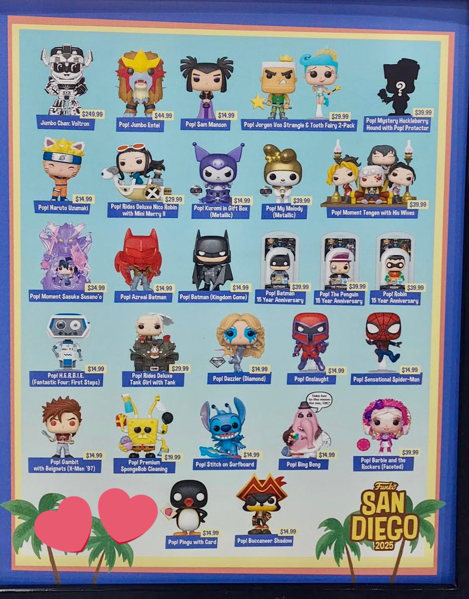FunkoPOPsNews's tweet image. Funko Booth at SDCC! Here’s the price list! Have fun those attending ~ link below 7/24 6AM PT for online! Thanks @pickycollects ~
Linky ~ fnkpp.com/SDCC
#Ad #FPN #FunkoPOPNews #Funko #FunkoPOP