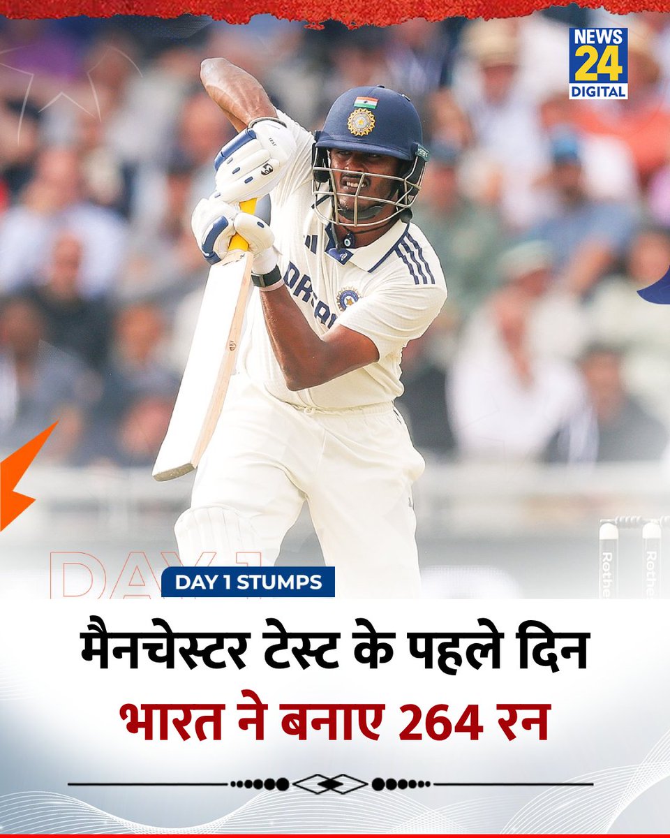 news24tvchannel's tweet image. मैनचेस्टर टेस्ट के पहले दिन भारत ने बनाए 264 रन
◆ 4 बैटर्स आउट; इंग्लैंड के खिलाफ जायसवाल-सुदर्शन की फिफ्टी
◆ रवींद्र जडेजा और शार्दूल ठाकुर 19-19 रन के स्कोर पर नाबाद
#INDvsENG #Jadeja | #CricketNews