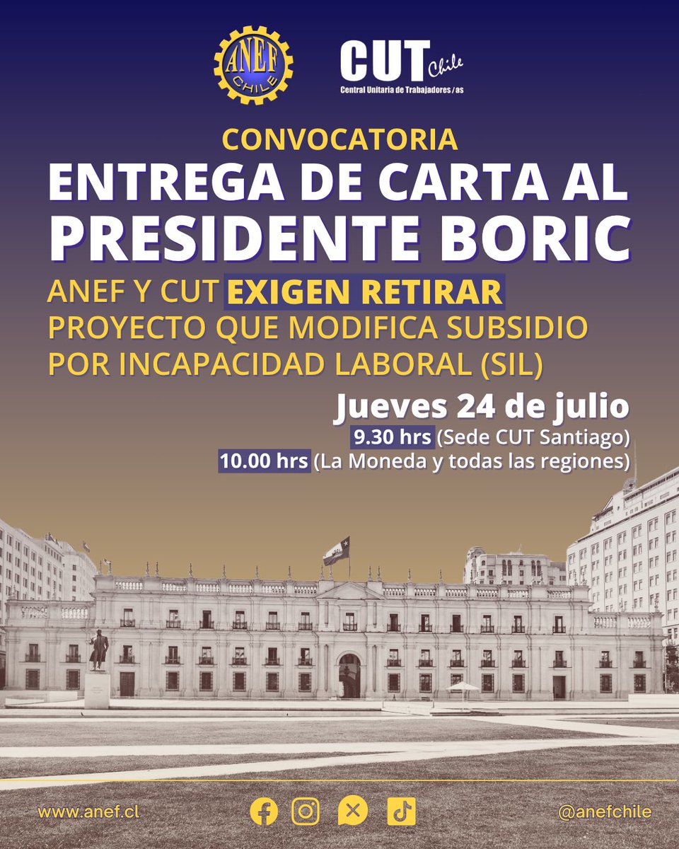 ¡No aceptamos retrocesos en las conquistas sindicales de l@s trabajador@s! ANEF, junto a la @cutchileoficial, hacen un llamado a movilización este jueves 24/07 en todo el país para exigir el retiro inmediato del proyecto que modifica eSubsidio por Incapacidad Laboral (SIL).
#ANEF
