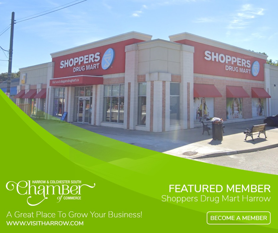 Featured Member: Shoppers Drug Mart Harrow

69 King St. E. Harrow, Ontario N0R 1G0 | (519) 738-2226
Shoppers Drug Mart health, beauty, pharmacy, and convenience.

Learn more: www1.shoppersdrugmart.ca/en/store-locat…
