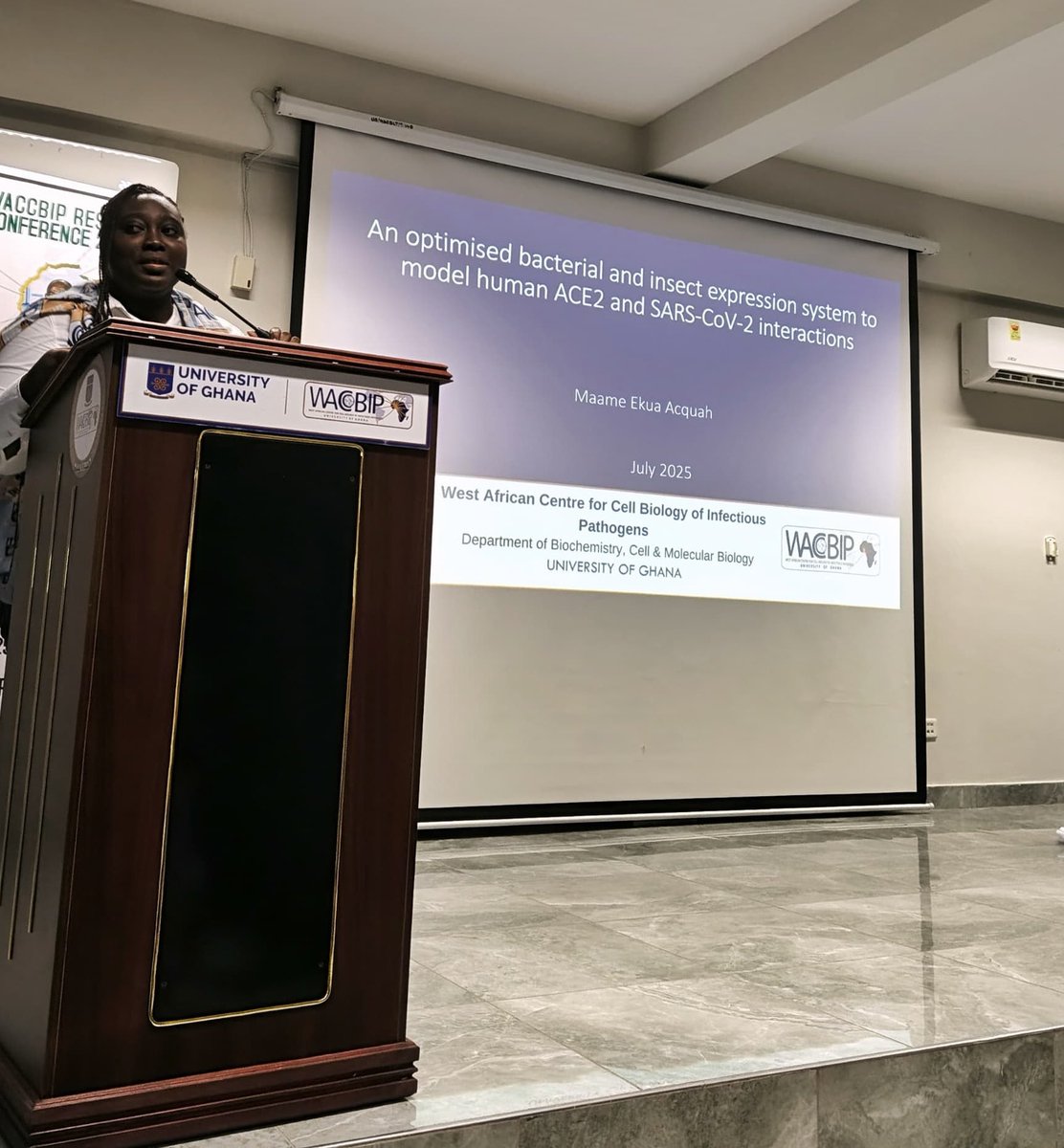 Mosi Research Group (@mosiresearchgrp) on Twitter photo Our PhD year 4 student, <a href="/acquah_maamekua/">Maame Ekua Acquah</a> presents on an in vitro system to understand SARS-CoV-2 and ACE2 interaction, elucidating host-viral dynamics towards future pandemic preparedness.
#WRC2025 #WACCBIPResearchConference
Cc: <a href="/msmosi/">Lydia Mosi</a> Our PhD year 4 student, <a href="/acquah_maamekua/">Maame Ekua Acquah</a> presents on an in vitro system to understand SARS-CoV-2 and ACE2 interaction, elucidating host-viral dynamics towards future pandemic preparedness.
#WRC2025 #WACCBIPResearchConference
Cc: <a href="/msmosi/">Lydia Mosi</a>