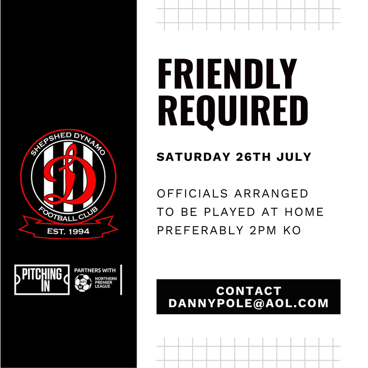 ShepshedDynamo's tweet image. FRIENDLY OPPONENT REQUIRED - 26th July
pitchero.com/clubs/shepshed…
