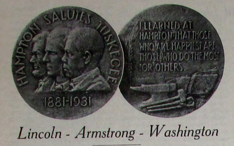 _ian_evans's tweet image. This medal was a gift from @_HamptonU to @TuskegeeUniv "HAMPTON SALUTES TUSKEGEE" 1881-1931 for The Golden Anniversary picturing Booker T. Washington, Abraham Lincoln, and Gen. Samuel C. Armstrong by sculptor J. Juszko and a quote from Washington.
