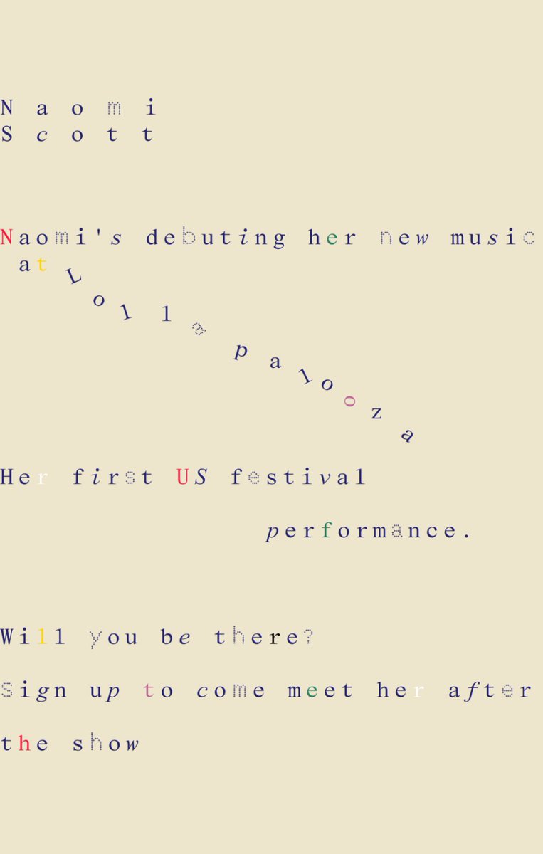 NaomiScottHive's tweet image. 📧 NEW EMAIL sent from Naomi Scott:
"Coming to Lolla?
Naomi's debuting her new music at Lollapalooza
Her first US Festival performance
Will you be there?
Sign up to come meet her after the show
naomiscott.os.fan/lollameet"