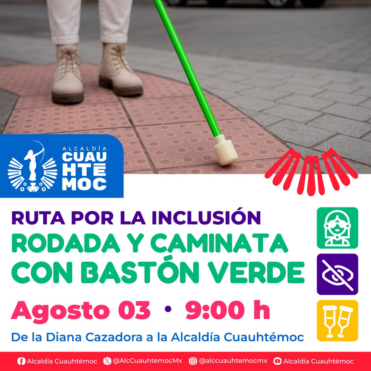 Este 3 de agosto visibilizamos, caminamos y rodamos por la inclusión.
💚 Bastón verde, símbolo de la baja visión.
📍 Diana Cazadora → Alcaldía Cuauhtémoc
🕘 9:00 h