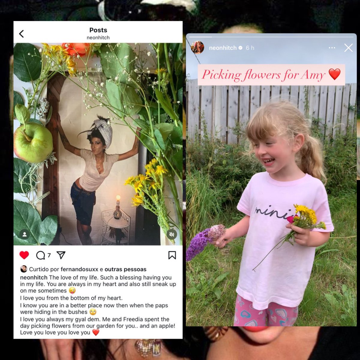 OwnUtopia's tweet image. No aniversário de 14 anos da morte de Amy Winehouse, a cantora Neon Hitch, que foi sua colega de quarto, prestou uma homenagem tocante à amiga.
Em seu Instagram, Neon compartilhou que colheu flores com sua filha e organizou um pequeno memorial para relembrar Amy.