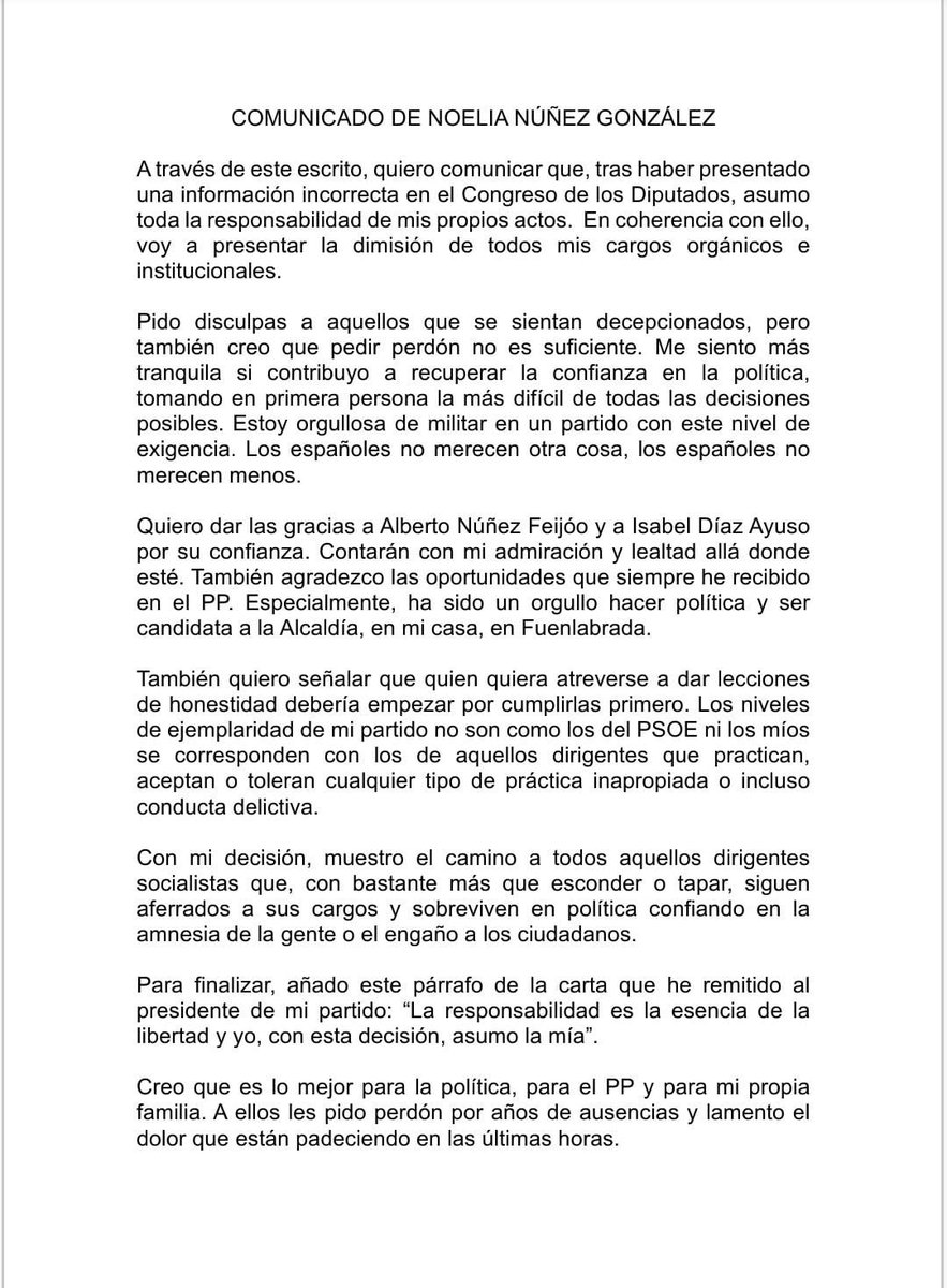 NicoBolivariano's tweet image. 🔴 URGENTE | Noelia Núñez comunica su dimisión por mentir en el currículum.
👉“Asumo mi responsabilidad”
👉“Pedir perdón no es suficiente”
👉“Los niveles de ejemplaridad del PP no son como los del PSOE”
Ahora es cuando dimiten todos los socialistas que han mentido estos años.