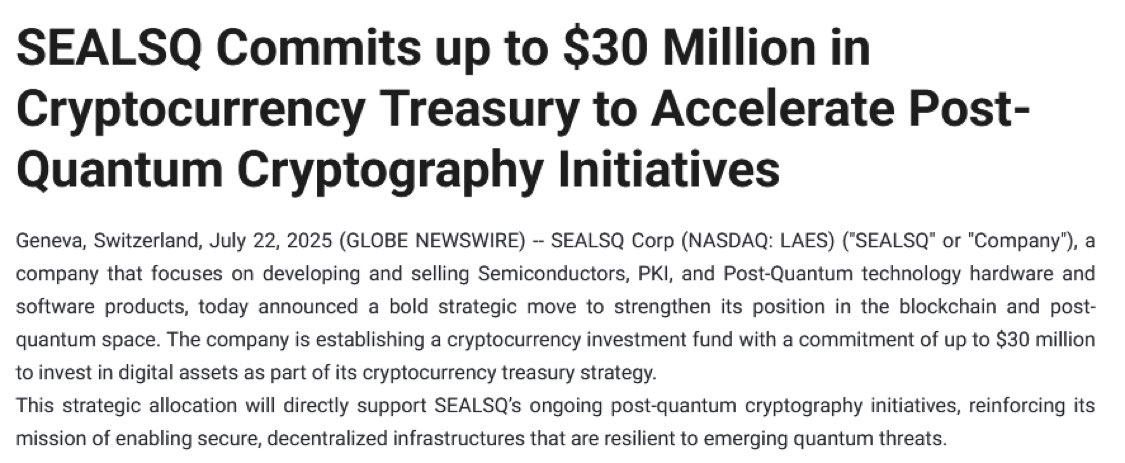 TFTC21's tweet image. Swiss tech firm SEALSQ is launching a $30M #bitcoin treasury fund.
Goal: Support its post-quantum cryptography mission.