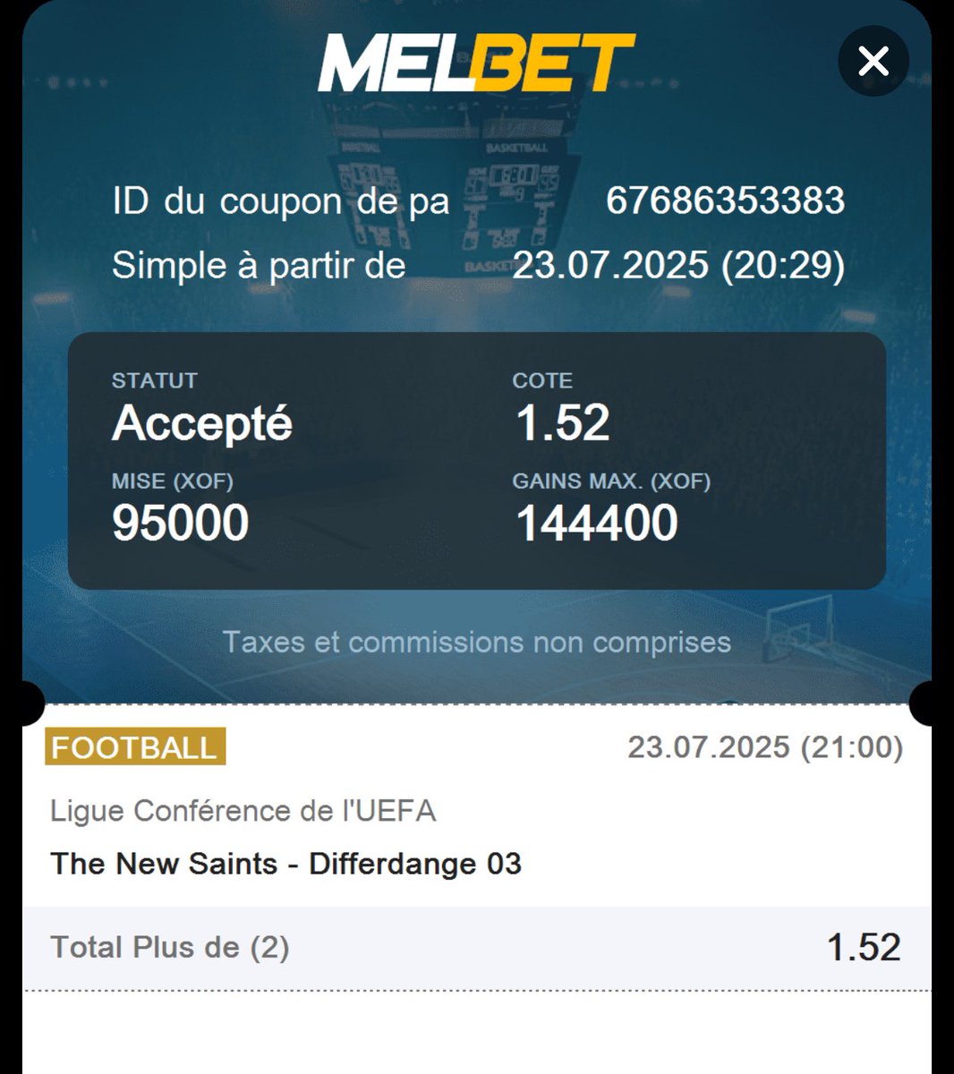 africanbetting's tweet image. #Thenew Saints  🆚 #Differdange   

➡️ Pronostic : Total plus de 2

💰 Gain potentiel : 144.400 XOF 

🔥🔥💥▶️ #Melbet : ➡️

🔥🔥💥▶️CODE PROMO : xfree   (Inscris-toi avec le code promo et reçois un bonus équivalent au double de ton premier dépôt)

#pronos