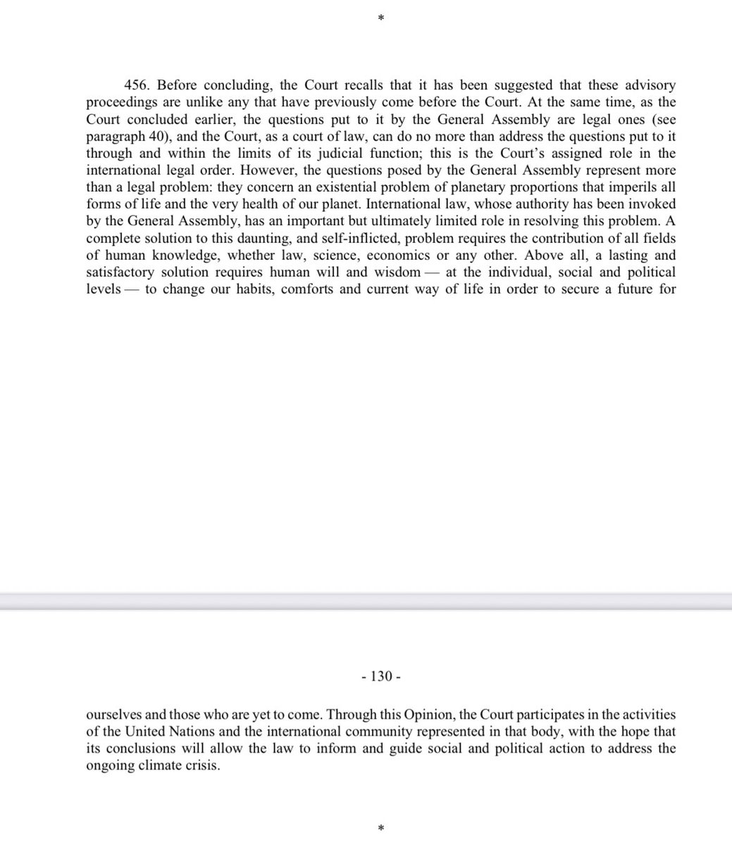Important advisory opinion of the International Court of Justice on #ClimateChange. He, however, also points to the limits of courts in the matter in an almost emotional last paragraph, really worth the read