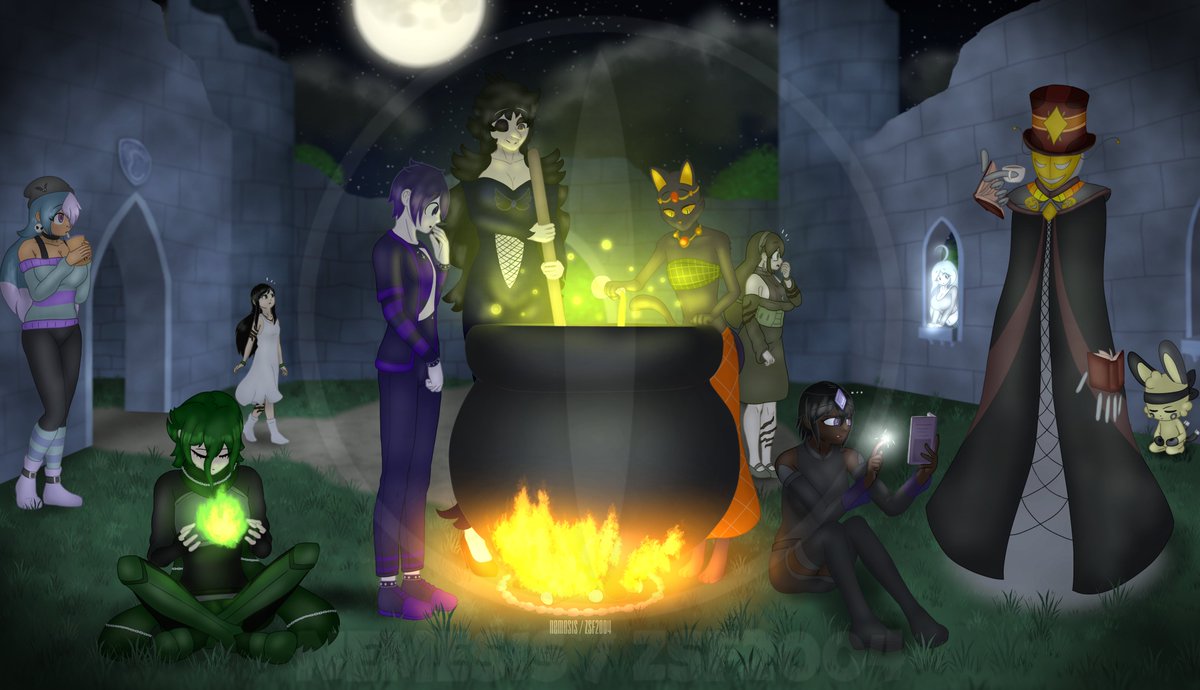 NemeZSF2004's tweet photo. Next attack... and first mass attack! A friendly gathering is taking place at the ruins of Elbury Castle (which I totally didn't just make up), and something is brewing tonight. Darkness and magic galore!
#oc #artfight2025 #artfightteamcrystals #teamcrystals #fanart #massattack https://t.co/8fEv4VnMy7