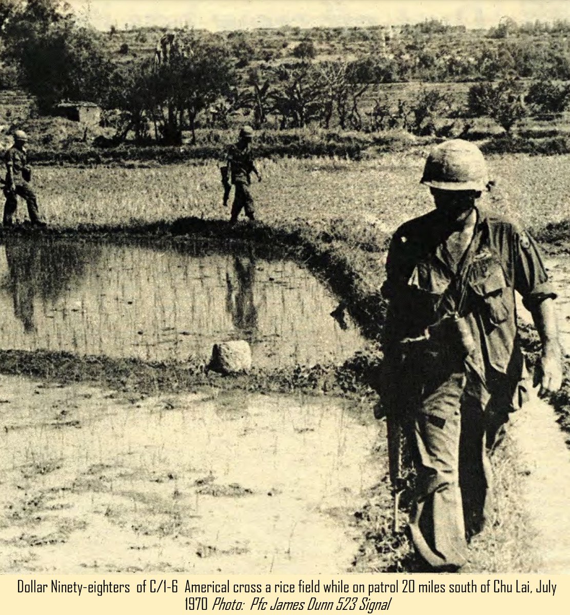 WarsIndo's tweet image. Dollar Ninety-eighters of C/1-6 Americal cross a rice field while on patrol 20 miles south of Chu Lai, July 1970
