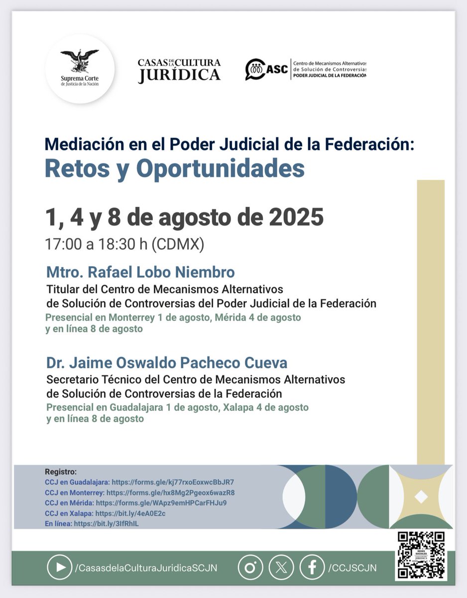 Atentos a nuestros próximos eventos 

Registro:
CCJ en Guadalajara: forms.gle/kj77rxoEoxwcBb…
CCJ en Monterrey: forms.gle/hx8Mg2Pgeox6wa…
CCJ en Mérida: forms.gle/WApz9emHPCarFH…
CCJ en Xalapa: bit.ly/4eA0E2c
En línea: bit.ly/3IfRhIL

Esperamos verlos