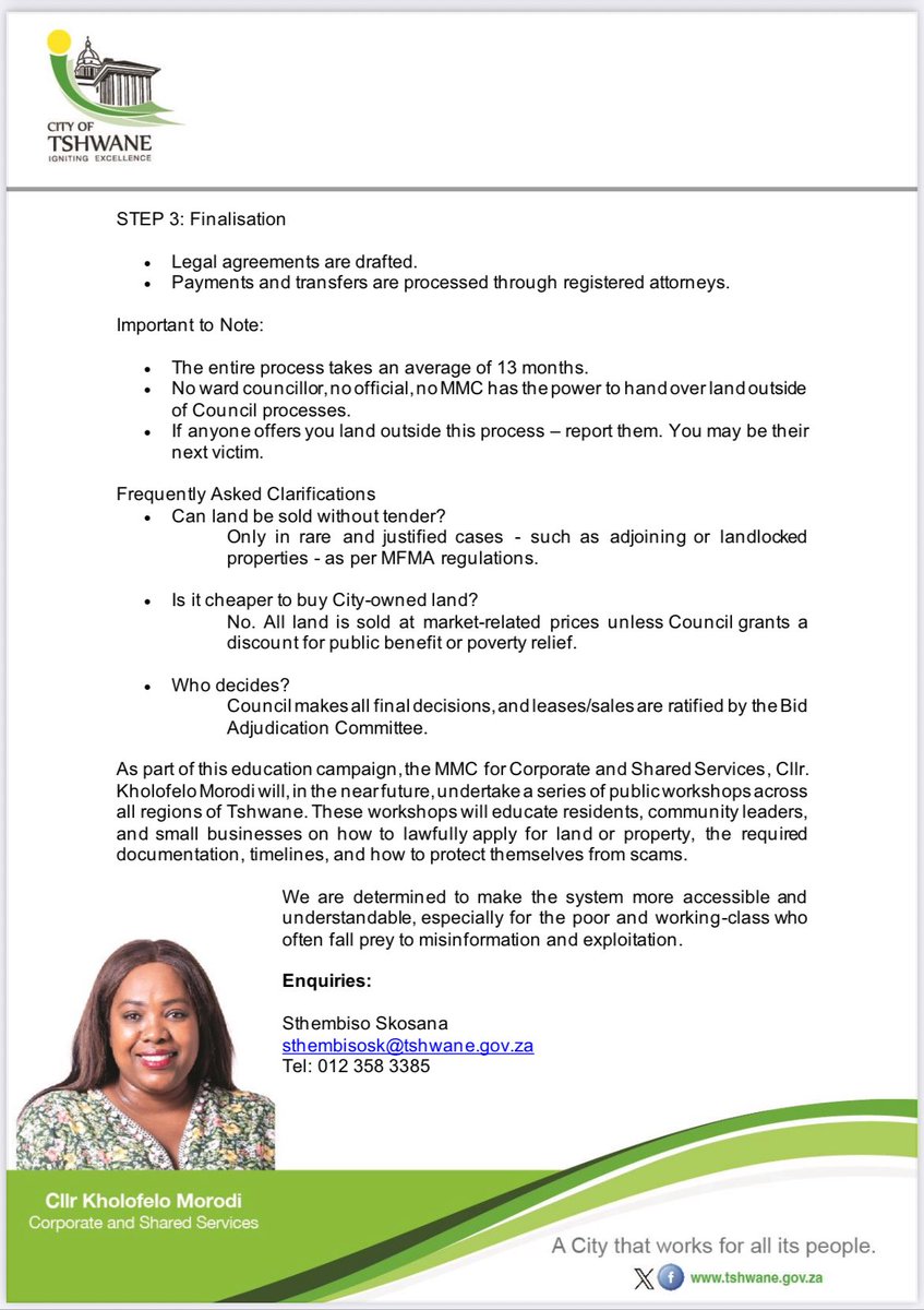 Dr Nasiphi Moya (@nasiphim) on Twitter photo Are you interested in leasing municipal land or property?
If yes, then follow the process listed below. We are reclaiming Tshwane’s assets for the benefit of residents. <a href="/CityTshwane/">City of Tshwane</a> Are you interested in leasing municipal land or property?
If yes, then follow the process listed below. We are reclaiming Tshwane’s assets for the benefit of residents. <a href="/CityTshwane/">City of Tshwane</a>