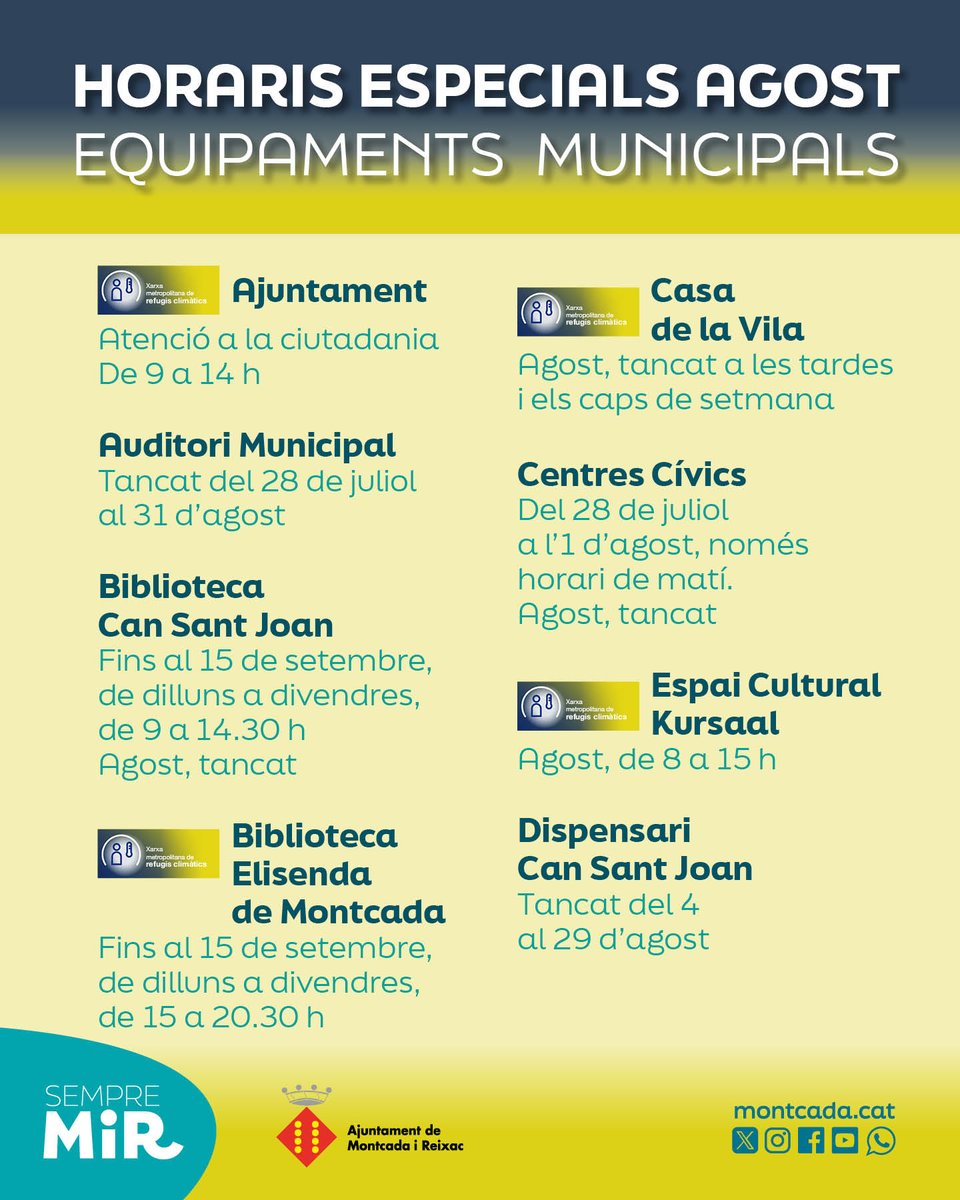 🔴🗓️ Els equipaments municipals modifiquen els seus horaris a l'agost.

🧊 Alguns d'ells, com l'Ajuntament, la Casa de la Vila, el Kursaal o la biblioteca Elisenda són també refugis climàtics per protegir-se de la calor intensa.

bit.ly/3IH2m68