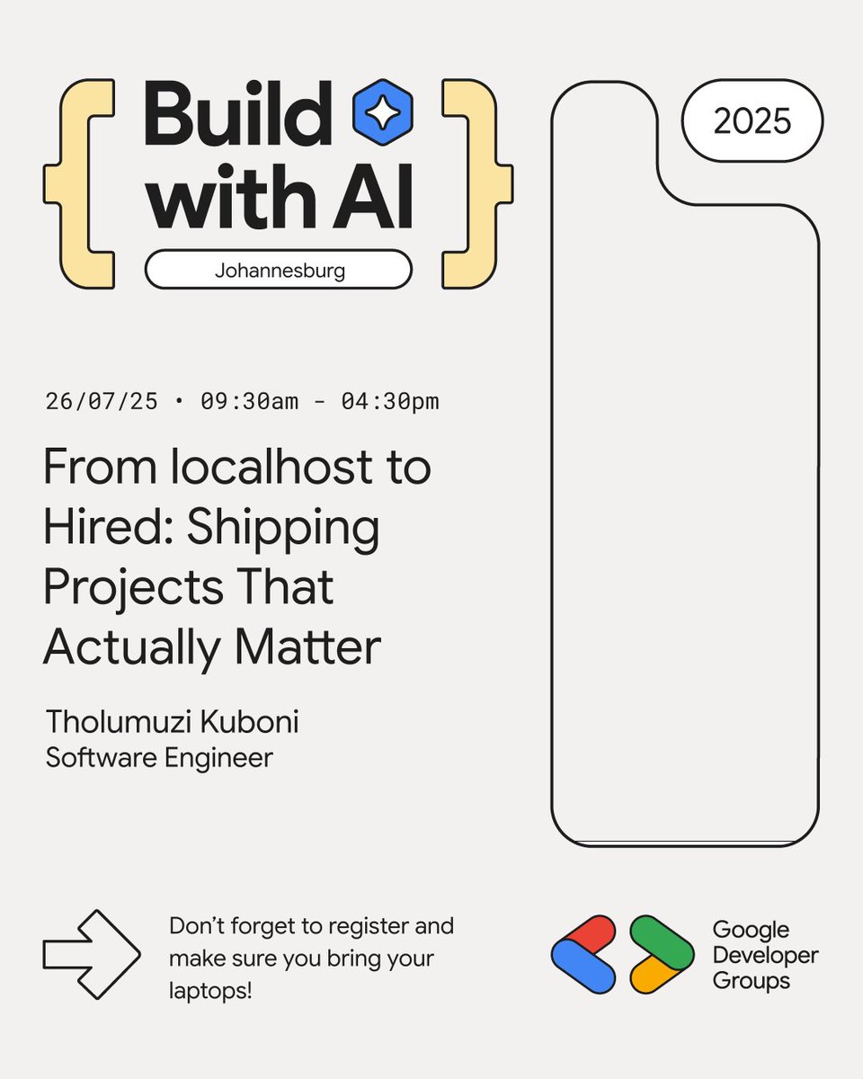 GDGJohannesburg's tweet image. Heading to Build with AI 2025 in Joburg! 🚀 Java AI agents, Dialogflow CX integration, shipping real projects, and Rust concurrency - packed day of learning ahead. Don&apos;t forget your laptops! #BuildWithAI #AIEvents