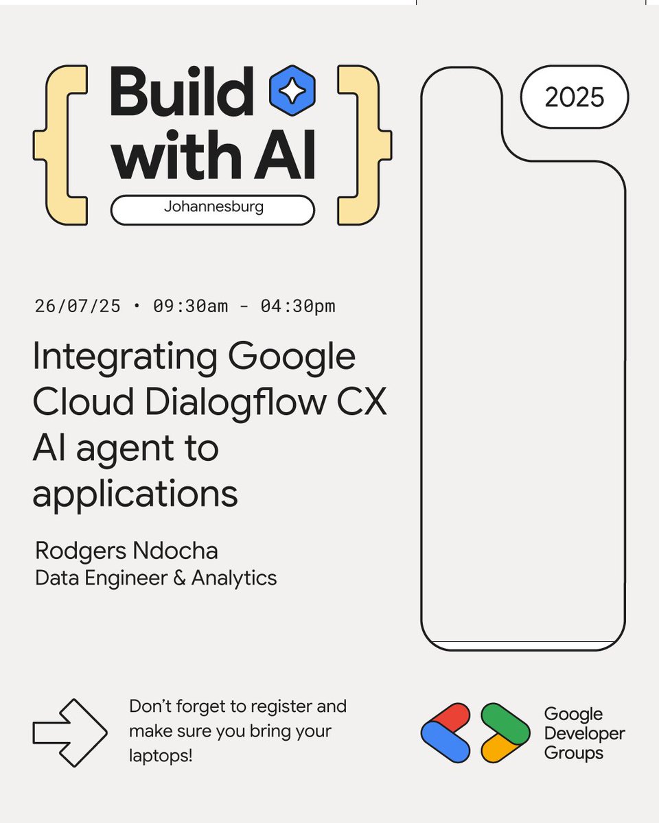 GDGJohannesburg's tweet image. Heading to Build with AI 2025 in Joburg! 🚀 Java AI agents, Dialogflow CX integration, shipping real projects, and Rust concurrency - packed day of learning ahead. Don&apos;t forget your laptops! #BuildWithAI #AIEvents
