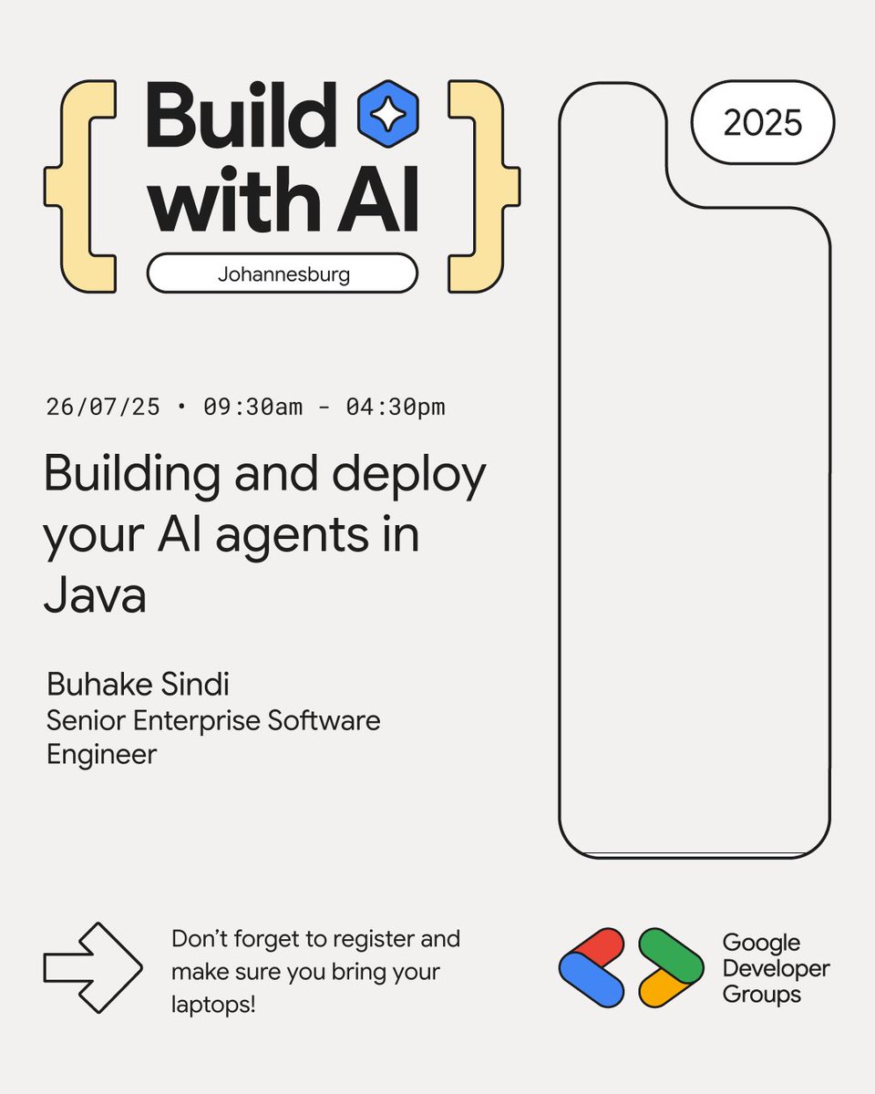 GDGJohannesburg's tweet image. Heading to Build with AI 2025 in Joburg! 🚀 Java AI agents, Dialogflow CX integration, shipping real projects, and Rust concurrency - packed day of learning ahead. Don&apos;t forget your laptops! #BuildWithAI #AIEvents
