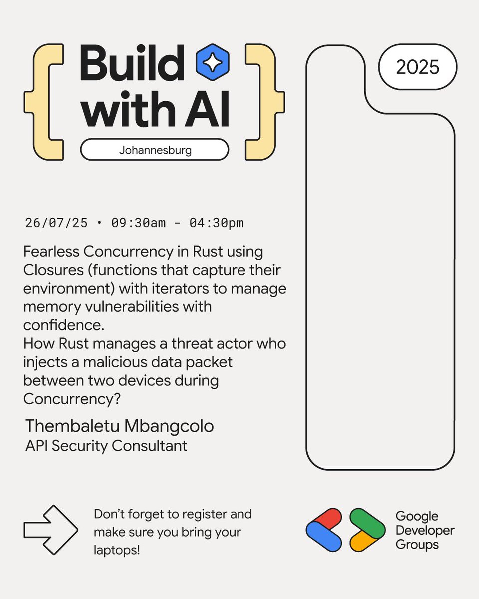 GDGJohannesburg's tweet image. Heading to Build with AI 2025 in Joburg! 🚀 Java AI agents, Dialogflow CX integration, shipping real projects, and Rust concurrency - packed day of learning ahead. Don&apos;t forget your laptops! #BuildWithAI #AIEvents