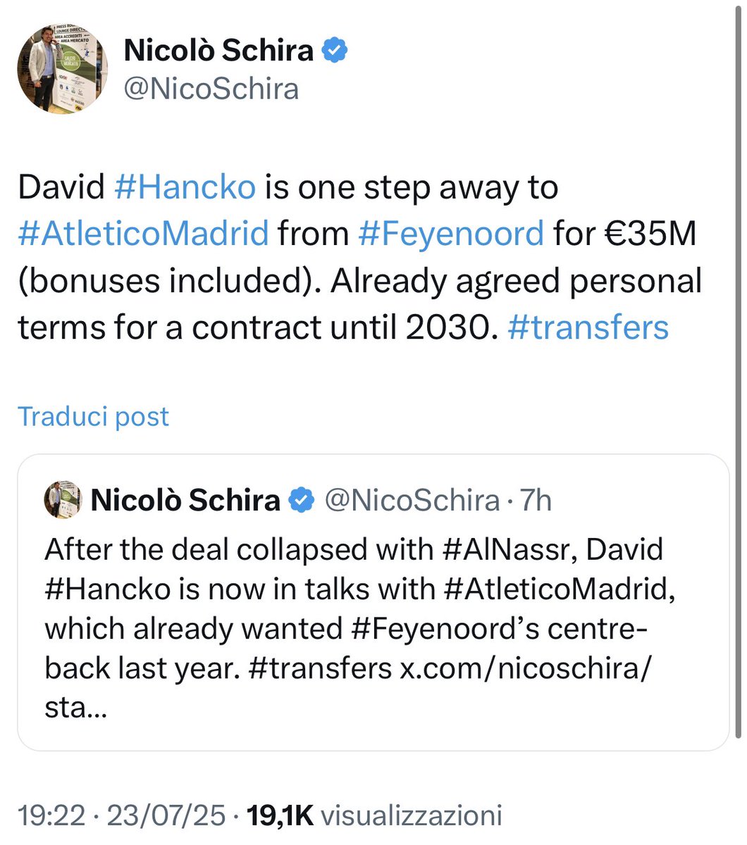NicoSchira's tweet image. Now it’s official! David #Hancko to #AtleticoMadrid from #Feyenoord for €35M (bonuses included) pending medicals. Contract until 2030. No surprise here and confirmed! #transfers