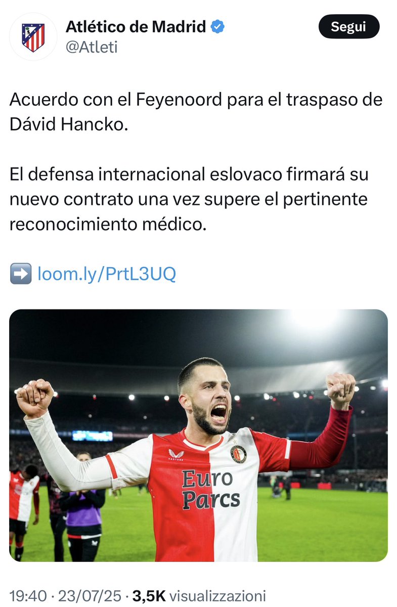 NicoSchira's tweet image. Now it’s official! David #Hancko to #AtleticoMadrid from #Feyenoord for €35M (bonuses included) pending medicals. Contract until 2030. No surprise here and confirmed! #transfers