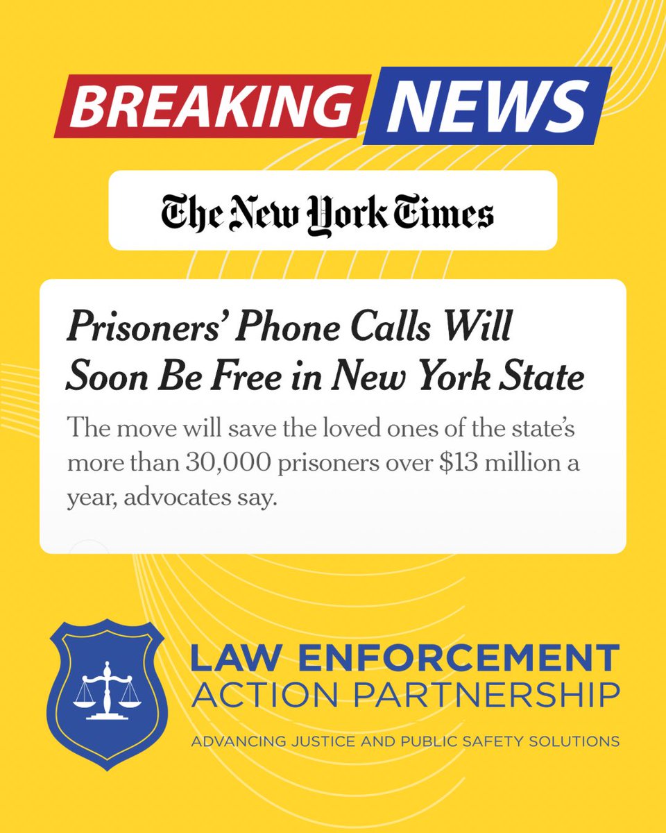 PoliceForReform's tweet image. Big breaking news from New York State: 

Prisoner phone calls soon to be free, saving families over $13million. A great move for social justice. 

[paywalled] nytimes.com/2025/07/22/nyr…