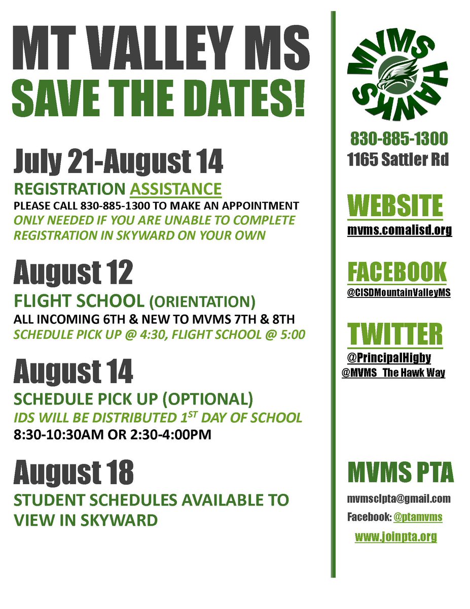 Mountain Valley Middle School (@mvms_thehawkway) on Twitter photo Hello 6th grade HAWKS! We are looking forward to meeting all of you on August 12th at Flight School! Be sure to save the date! Schedule pick up starts at 4:30 p.m. in the cafeteria, and orientation begins at 5:00 p.m. in the gym. #TheHawkWay #HawkNation <a href="/girls_mvms/">MVMS Girls Athletics</a> <a href="/cisdnews/">Comal ISD</a>π€π Hello 6th grade HAWKS! We are looking forward to meeting all of you on August 12th at Flight School! Be sure to save the date! Schedule pick up starts at 4:30 p.m. in the cafeteria, and orientation begins at 5:00 p.m. in the gym. #TheHawkWay #HawkNation <a href="/girls_mvms/">MVMS Girls Athletics</a> <a href="/cisdnews/">Comal ISD</a>π€π
