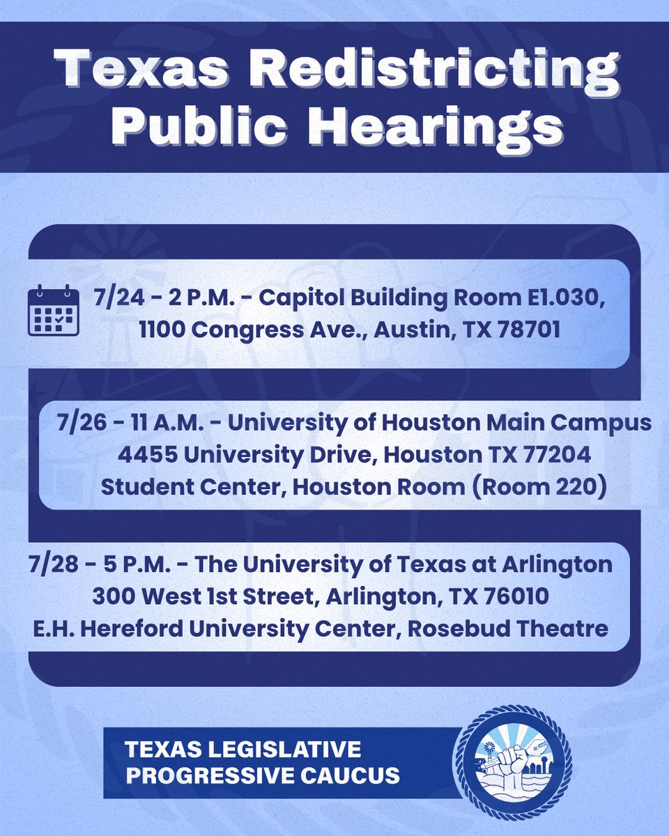 TX_Progressives's tweet image. Use your voice to fight back against the Trump Takeover of our maps. Testify at the Austin hearing on July 24 at 2pm and join the rally beforehand at the Capitol at 12:30pm. Registration to testify virtually in Austin closes at 2pm TODAY July 23. #txlege