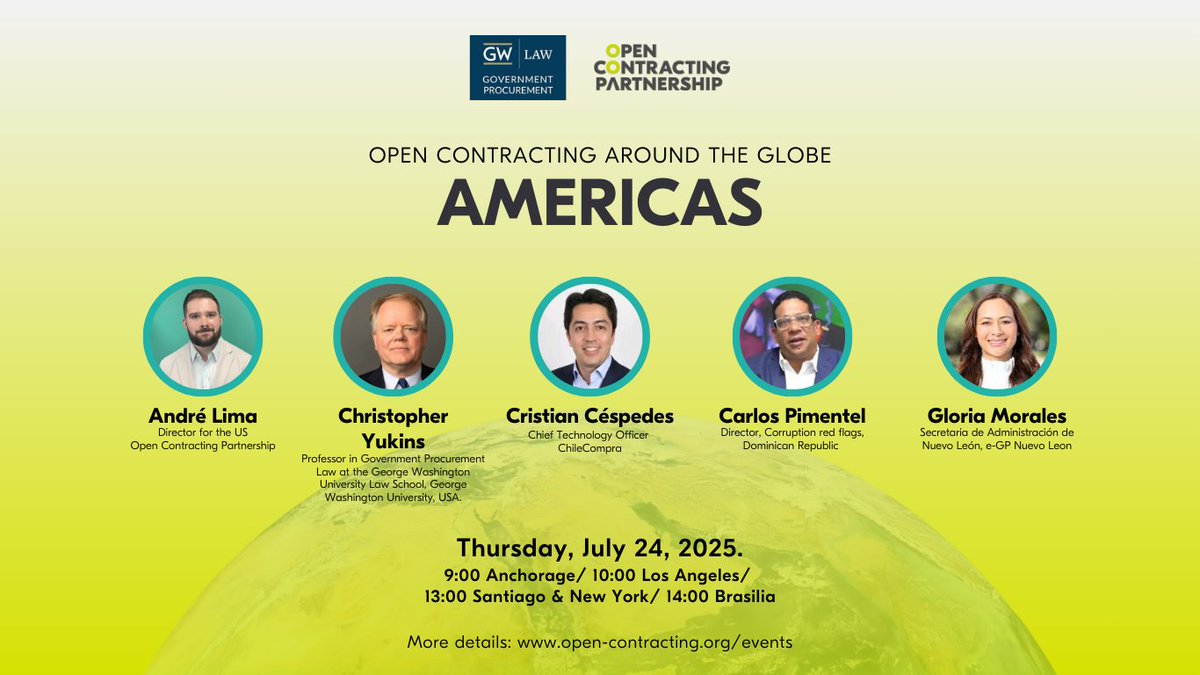 Open Contracting Partnership (@opencontracting) on Twitter photo 🌏 How are countries making #publicprocurement more transparent and participatory?
🗓️Join us tmrw 24 July for our webinar organized w <a href="/gwlaw/">GW Law</a> that will highlight #LatAm best practices from <a href="/ChileCompra/">chilecompra</a> <a href="/ComprasRD/">Dirección General de Contrataciones Públicas</a> <a href="/nuevoleon/">El Gobierno de Nuevo León</a>
✍️Register here: law-gwu-edu.zoom.us/webinar/regist… 🌏 How are countries making #publicprocurement more transparent and participatory?
🗓️Join us tmrw 24 July for our webinar organized w <a href="/gwlaw/">GW Law</a> that will highlight #LatAm best practices from <a href="/ChileCompra/">chilecompra</a> <a href="/ComprasRD/">Dirección General de Contrataciones Públicas</a> <a href="/nuevoleon/">El Gobierno de Nuevo León</a>
✍️Register here: law-gwu-edu.zoom.us/webinar/regist…