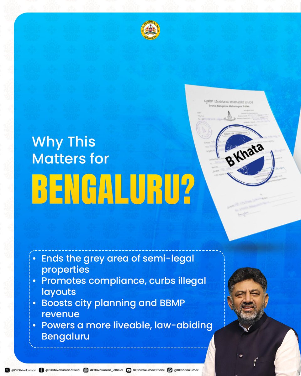DKShivakumar's tweet image. Good news for Bengaluru!
The long wait is over: B Khata properties registered before Sept 30, 2024, are now 'A Khata'
This landmark reform ensures legal ownership, access to essential civic services, and finally puts an end to years of uncertainty.
With this reform, we are…