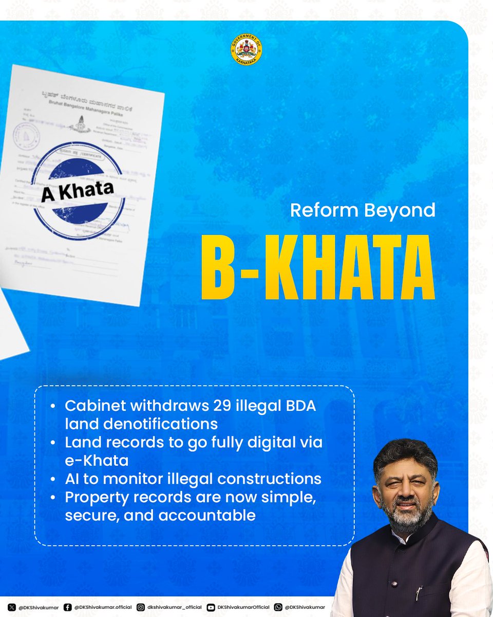 DKShivakumar's tweet image. Good news for Bengaluru!
The long wait is over: B Khata properties registered before Sept 30, 2024, are now 'A Khata'
This landmark reform ensures legal ownership, access to essential civic services, and finally puts an end to years of uncertainty.
With this reform, we are…