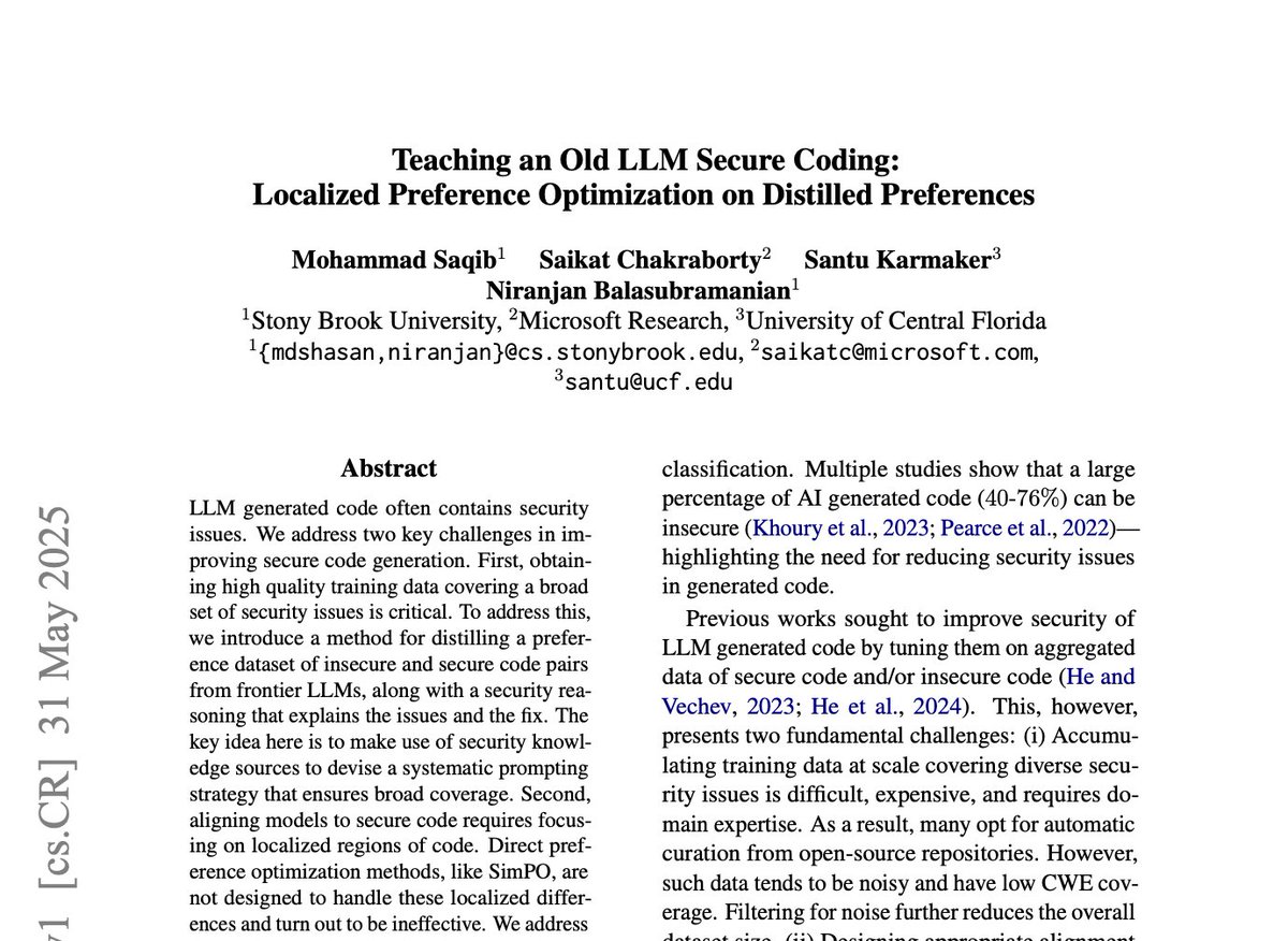 1/6:🧵 Excited to share that our paper "Teaching an Old LLM Secure Coding: Localized Preference Optimization on Distilled Preferences" has been accepted to #ACL2025!
📄 Paper: lnkd.in/gtuBSGqi
A thread on making LLMs generate more secure code 🔐👇