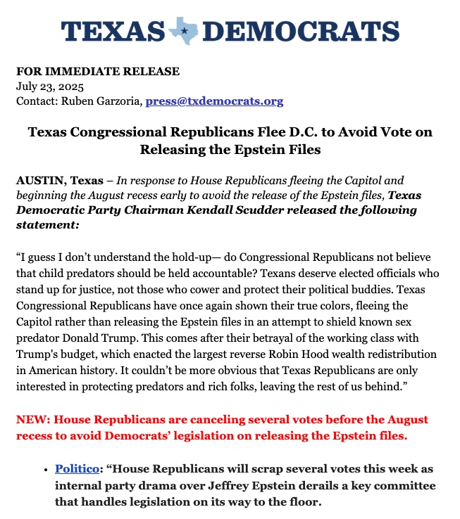 Texas Democrats (@texasdemocrats) on Twitter photo FOR IMMEDIATE RELEASE: Chairman <a href="/KendallScudder/">Kendall Scudder</a>'s statement on House Republicans refusing to release the Epstein files to protect Donald Trump FOR IMMEDIATE RELEASE: Chairman <a href="/KendallScudder/">Kendall Scudder</a>'s statement on House Republicans refusing to release the Epstein files to protect Donald Trump