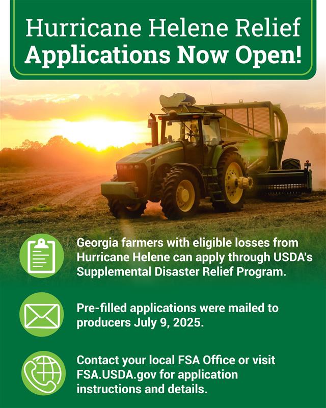 GaDeptAg's tweet image. Georgia farmers: If you suffered losses from Hurricane Helene, help is available. You can now apply for assistance through @USDA’s Supplemental Disaster Relief Program.

📞 Contact your local FSA office or visit fsa.usda.gov for details.
