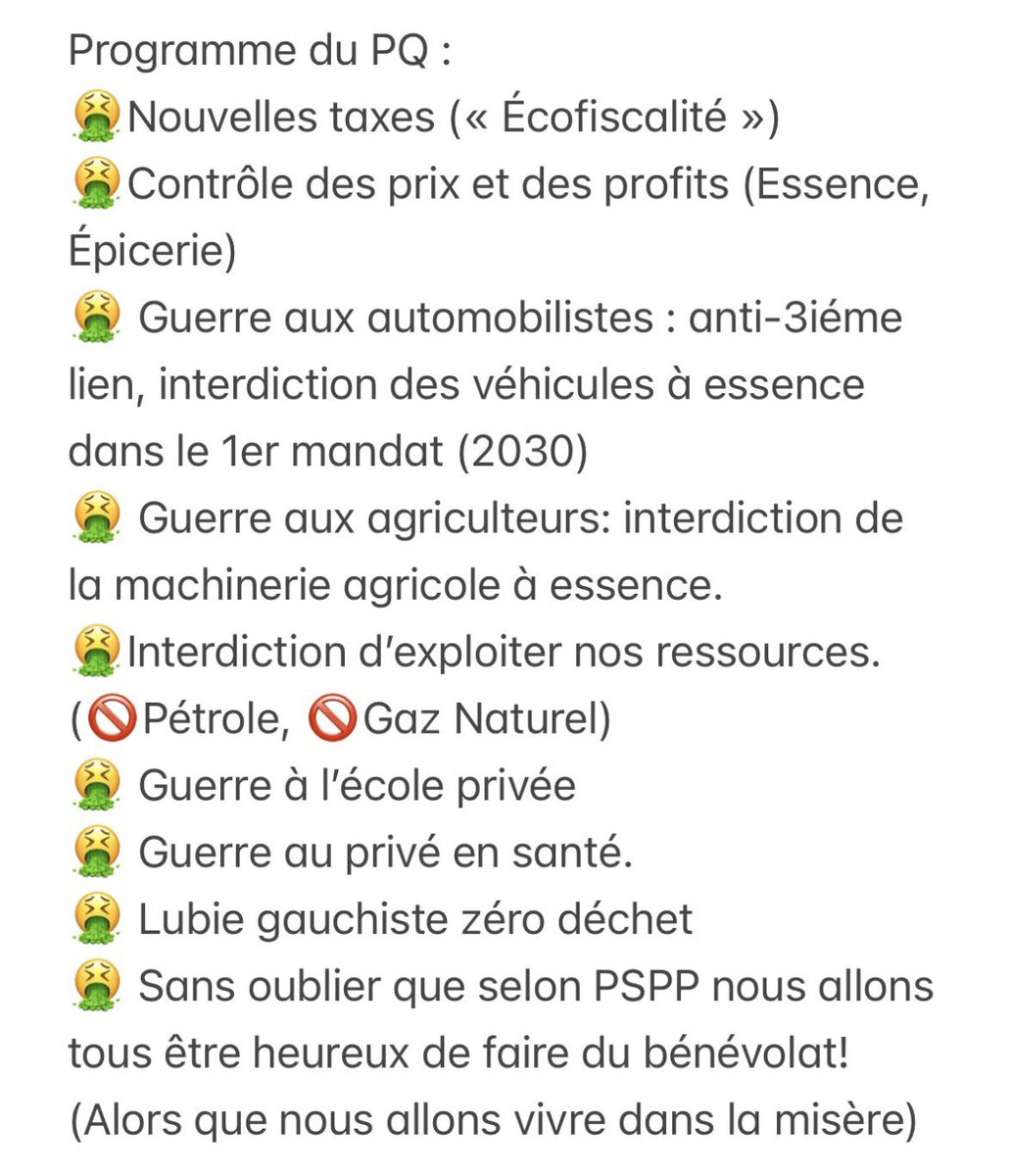 Librechoix99's tweet image. C’est ça que vous voulez pour le Québec? 🤢 C’est ça le PQ?
Regardez-moi ça le programme : guerre aux autos, guerre aux agriculteurs, guerre à l’école privée, guerre au privé en santé… Pis on parle même plus d’exploiter nos ressources naturelles. Plus de pétrole, plus de gaz…
