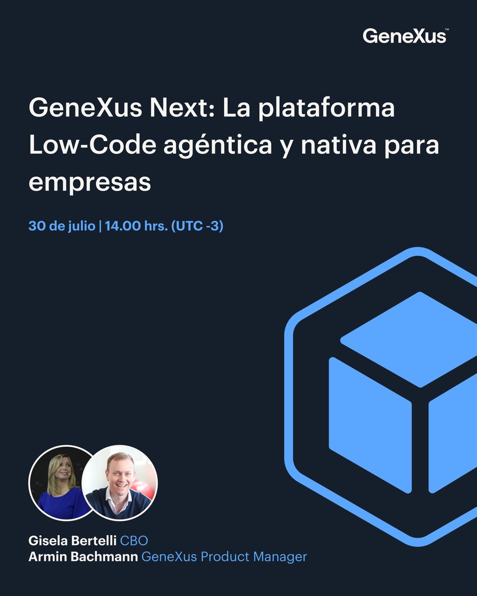 Regístrate ahora ➡️ hubs.la/Q03yzDmw0
📆 30 de julio, 2:00 pm (UTC -3)

Descubre por qué GeneXus Next no es solo “otra” plataforma Low-Code: es IA en el corazón de cada desarrollo, automatización real y control total de tus datos.