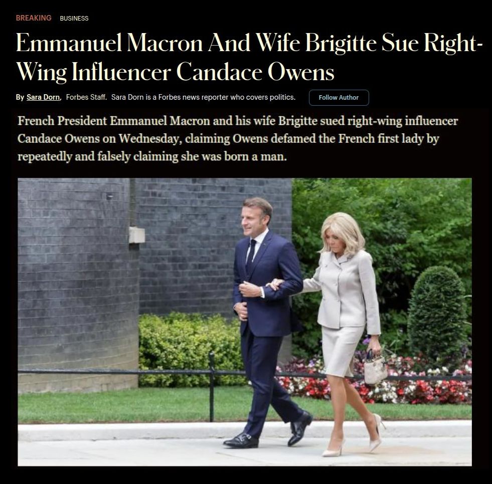 jdpoc's tweet image. President Macron of France and his wife Brigitte have just hit Amercan 'Conservative' 'Commentator' Candace Owens (Yes, the 'Hitler Was Just Making Germany Great' woman) with a 22 count libel suit.
Owens has relentlessly claimed for years that Brigitte is a man.