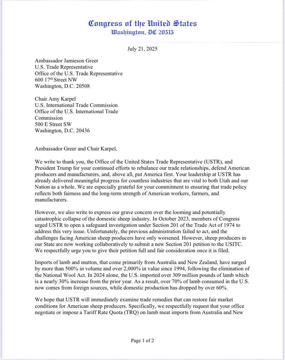 RepMaloyUtah's tweet image. Utah’s sheep industry is struggling. That’s why @RepBurgessOwens and I sent this letter to the @USTradeRep and the U.S. International Trade Commission calling for fair market conditions. I will keep working to find solutions for an industry that is so important to Utah’s culture.
