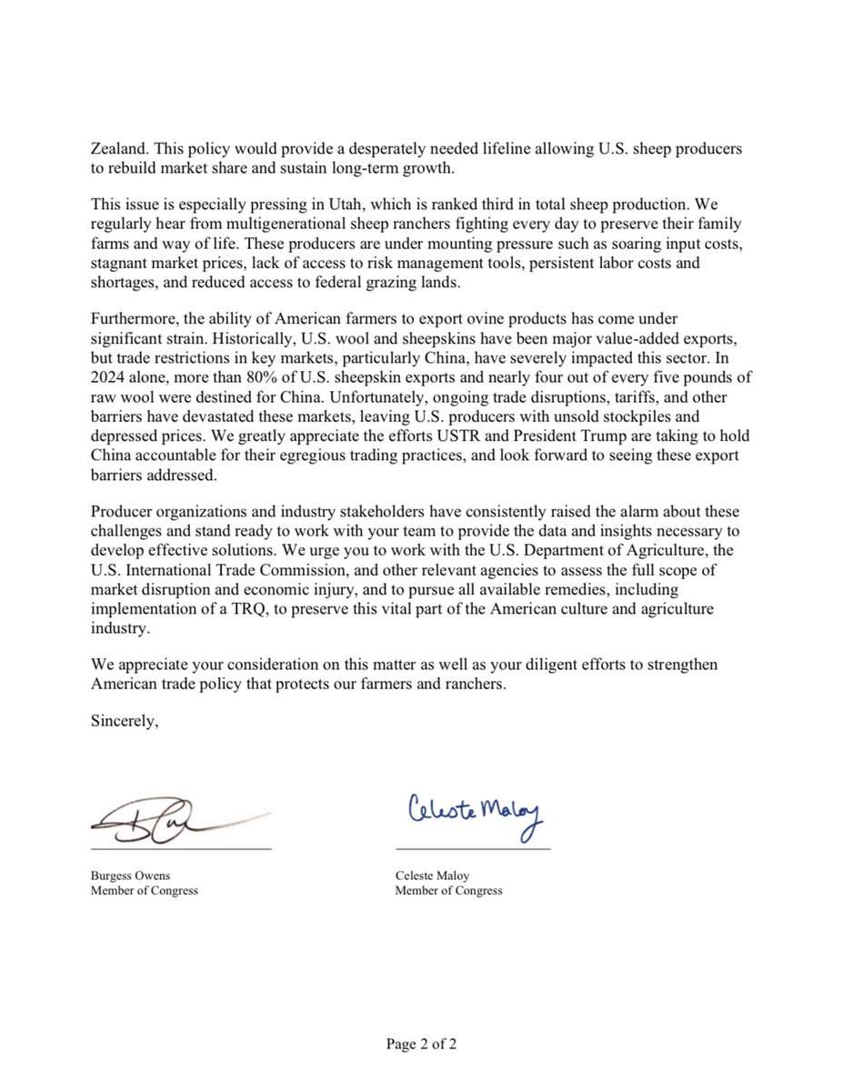 RepMaloyUtah's tweet image. Utah’s sheep industry is struggling. That’s why @RepBurgessOwens and I sent this letter to the @USTradeRep and the U.S. International Trade Commission calling for fair market conditions. I will keep working to find solutions for an industry that is so important to Utah’s culture.
