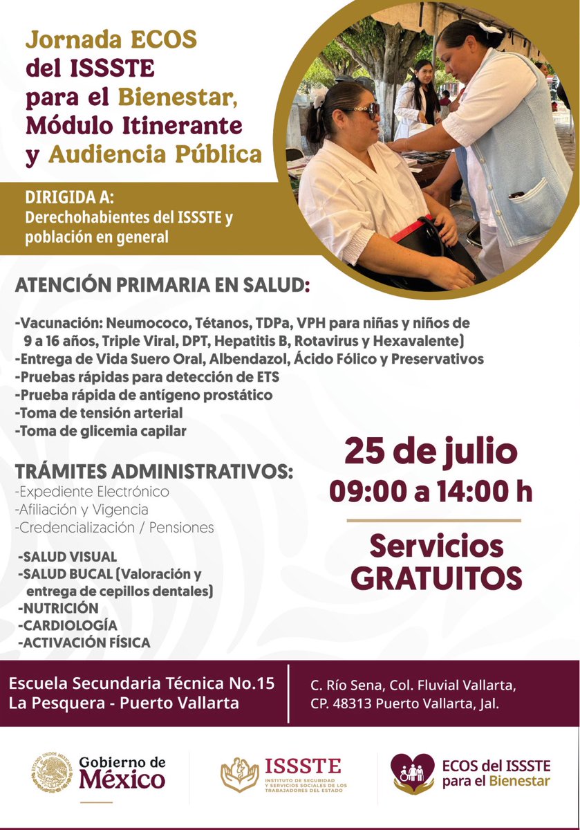 🚨 ¡Puerto Vallarta, cuida tu salud! 🩺 Este 25 de julio 2025 en la Esc. Sec. Técnica 15 “La Pesquera” (9:00 - 14:00), el <a href="/ISSSTE_mx/">ISSSTE</a>, Sistema Nacional de Salud y <a href="/PuertoVallarta/">Puerto Vallarta</a> te invitan a la Jornada ECOS. 🩺 Servicios médicos GRATIS, módulos itinerantes y audiencia pública.