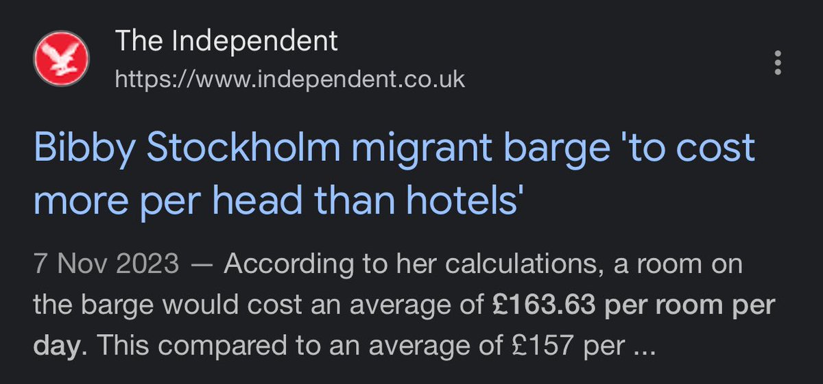 The Britannia hotel costs £49 a night (without a block booking deal).

Remember when Bibby Stockholm was costing us £163 a night and the right all cheered and gathered around the Tories? 😂