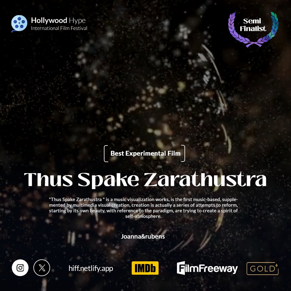 Let’s Put Our Hands Together and Cheer! 👏🎬

We’re thrilled to celebrate the experimental film "Thus Spake Zarathustra"— from the April–June season of HHype_IFF!

Directed by the talented Joanna &amp; Rubens 🥳.

Time to submit yours now 😍: filmfreeway.com/HollywoodHypeI…