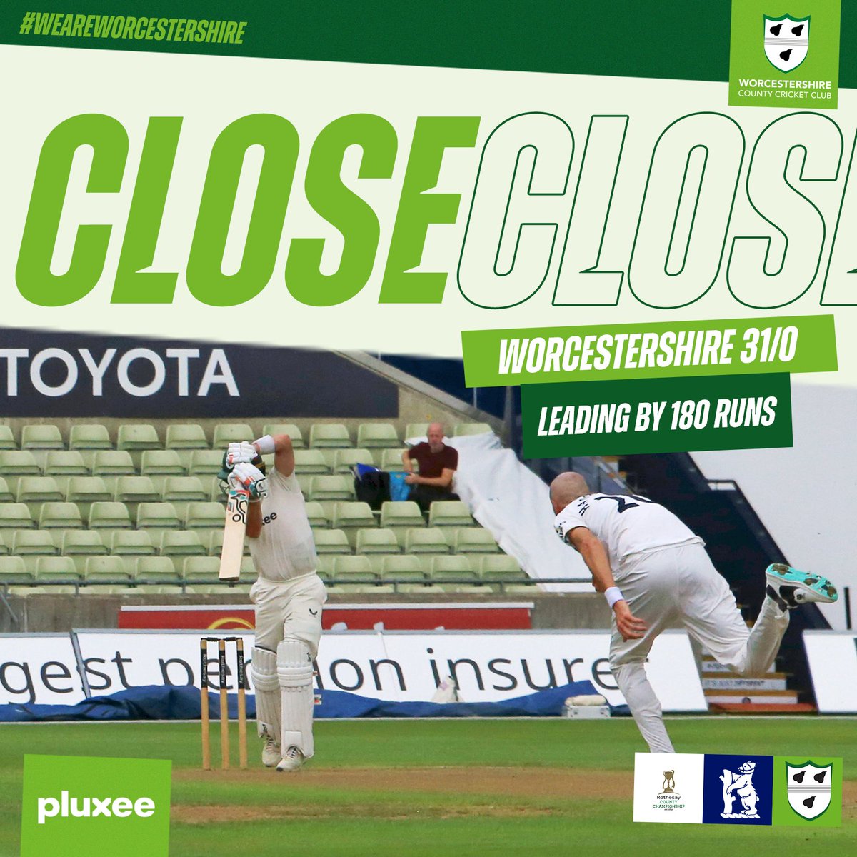 WorcsCCC's tweet image. Close Day Two 🎬
Gareth Roderick (16*) and Jake Libby (15*) see out the final 17 overs of the day to build our lead to 180, with all 10 wickets in hand. 🍐
Worcestershire 31/0 (17 overs) leading by 180 runs