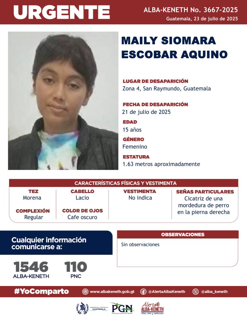 #AlertaAlbaKeneth⚠️| Maily Siomara Escobar Aquino de 15 años de edad. Desapareció el 21 de julio de 2025, en Zona 04, San Raymundo, Guatemala.

🔁Comparte y ayúdanos con su localización.
📞Si tienes información llama al 1546. #YoComparto